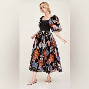 STINE GOYA Puffed Sleeve Jacquard Midi Dress